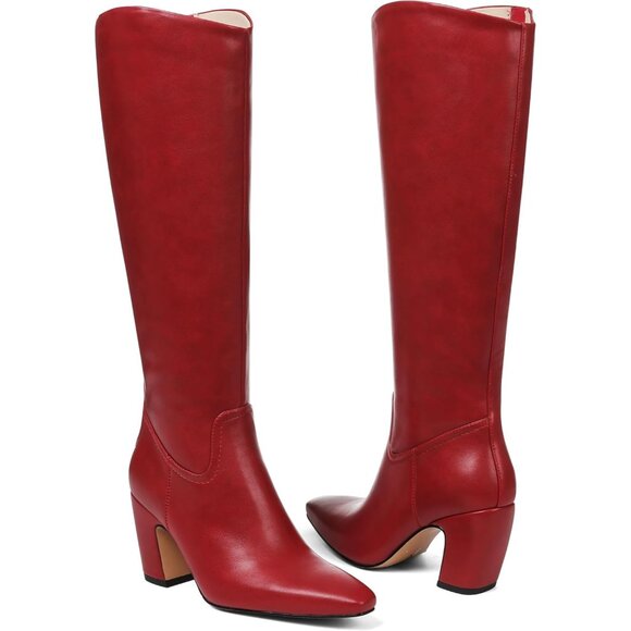 Women's Knee High Red Boots Square Toe Chunky Heel Wide Calf Tall Zipper Boots - Picture 7 of 7